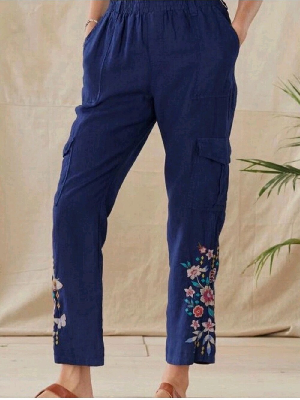 Johnmy Was Mariposa Embroidered Linen Cargo Pants Navy Size Small  Lightweight